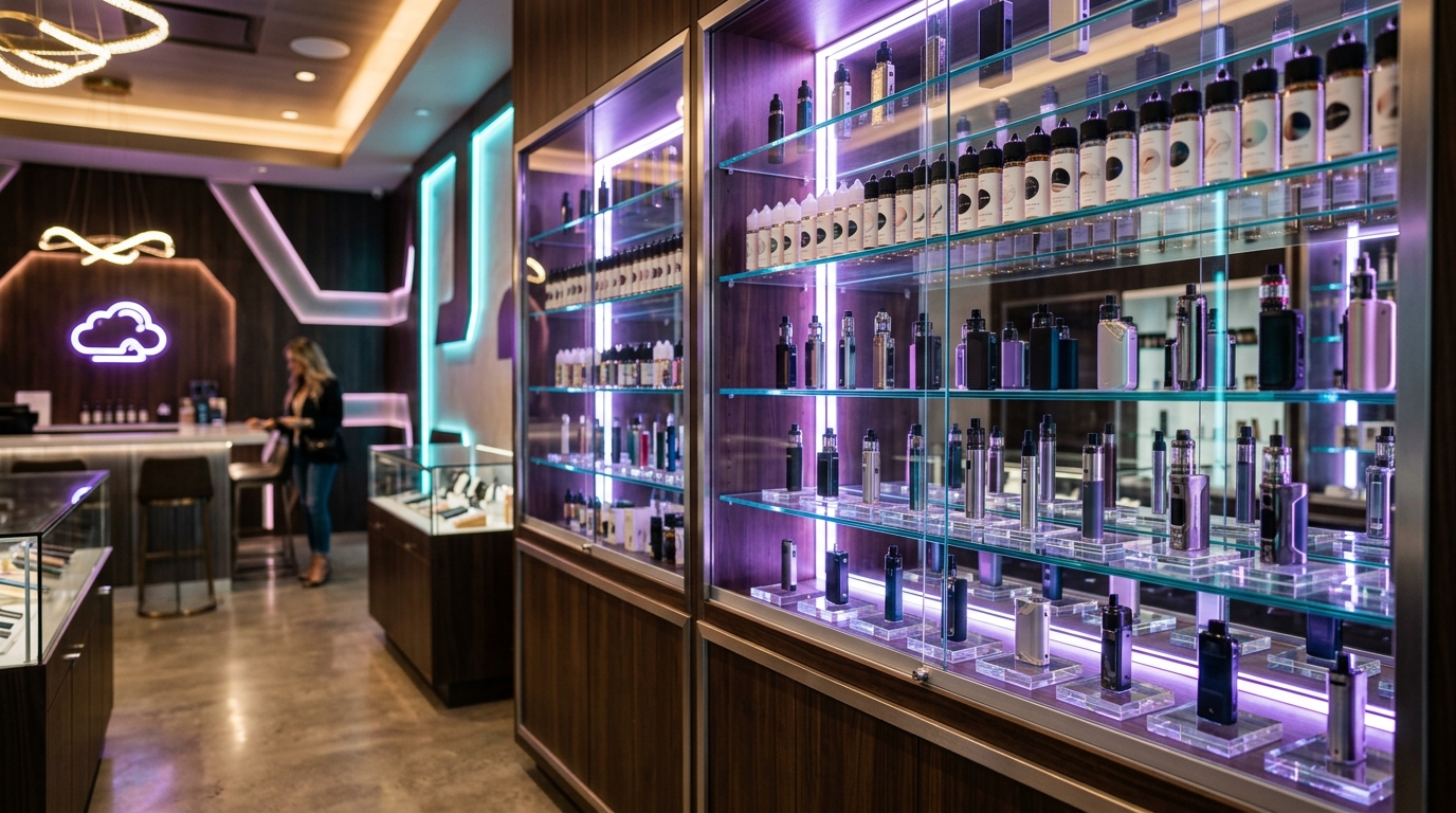 Vape display cases at Elevate Smoke Vape and Tobacco Shop Houston